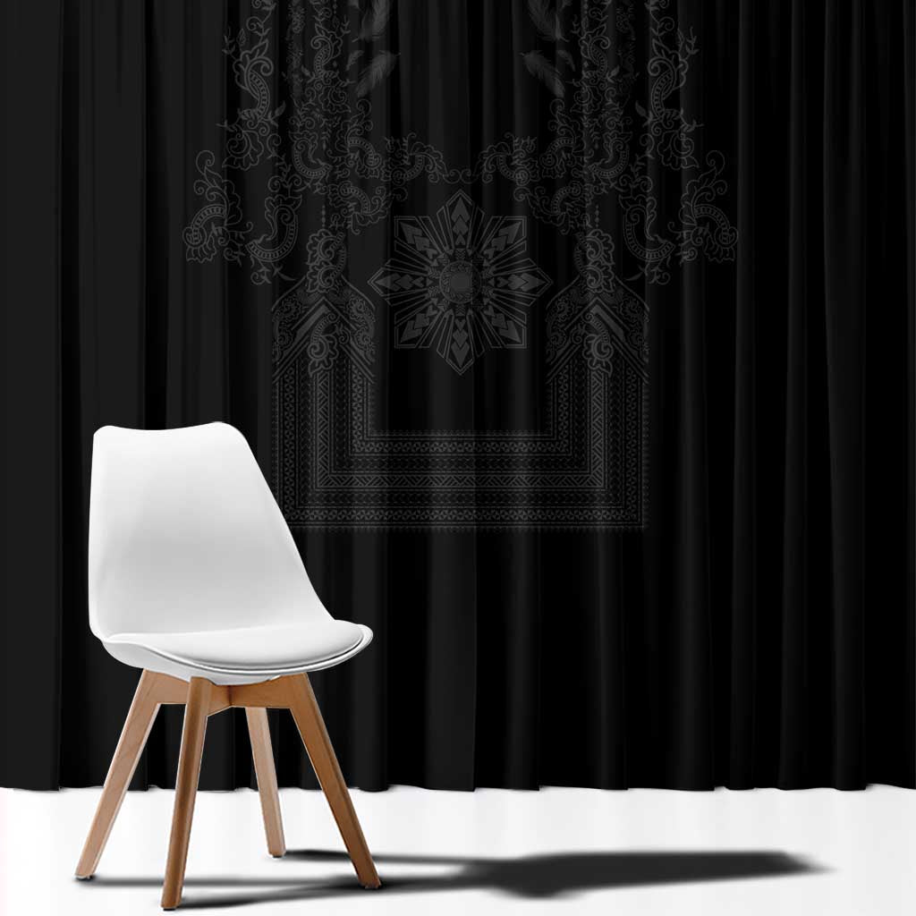 Philippines Barong Style Window Curtain with Polynesian Art and Leaf Motif Black Color