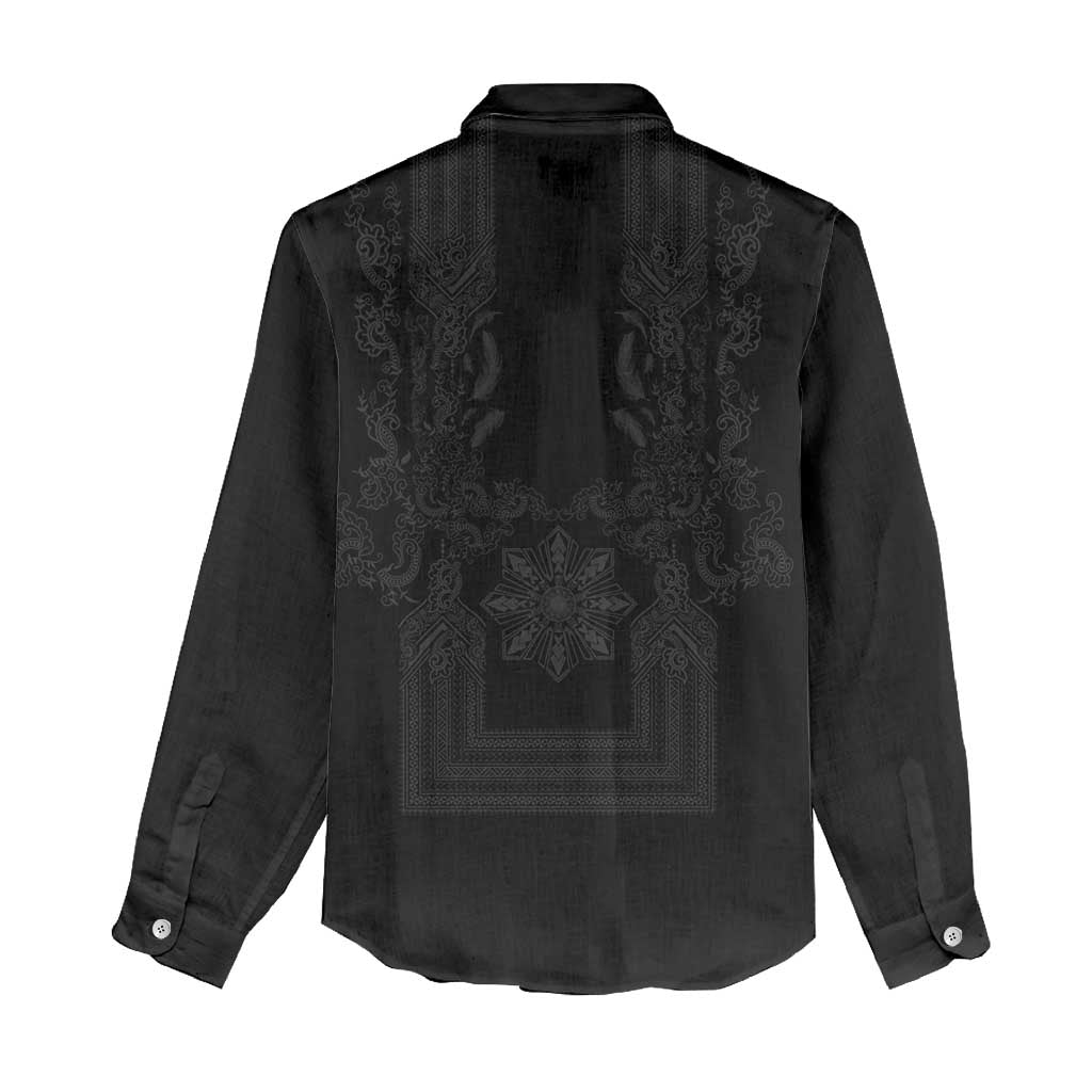 Philippines Barong Style Women Casual Shirt with Polynesian Art and Leaf Motif Black Color