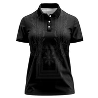 Philippines Barong Style Women Polo Shirt with Polynesian Art and Leaf Motif Black Color