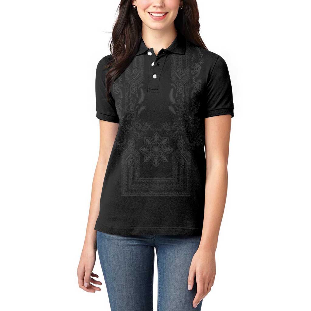 Philippines Barong Style Women Polo Shirt with Polynesian Art and Leaf Motif Black Color