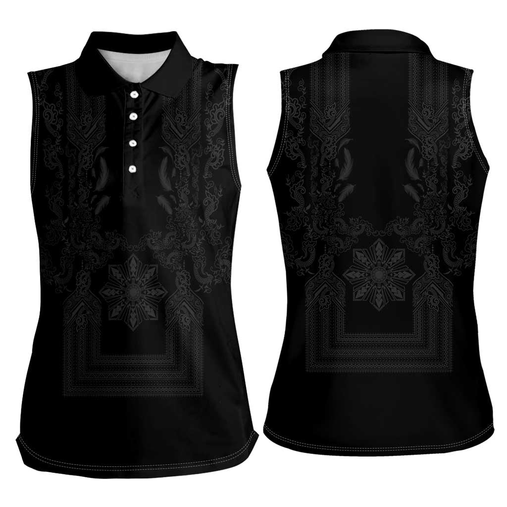 Philippines Barong Style Women Sleeveless Polo Shirt with Polynesian Art and Leaf Motif Black Color