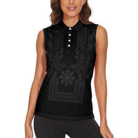 Philippines Barong Style Women Sleeveless Polo Shirt with Polynesian Art and Leaf Motif Black Color