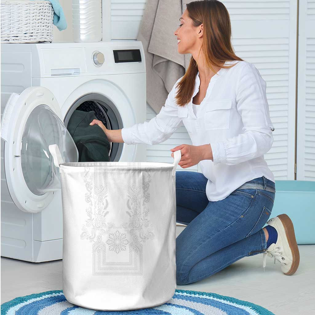 Philippines Barong Style Laundry Basket with Polynesian Art and Leaf Motif White Color