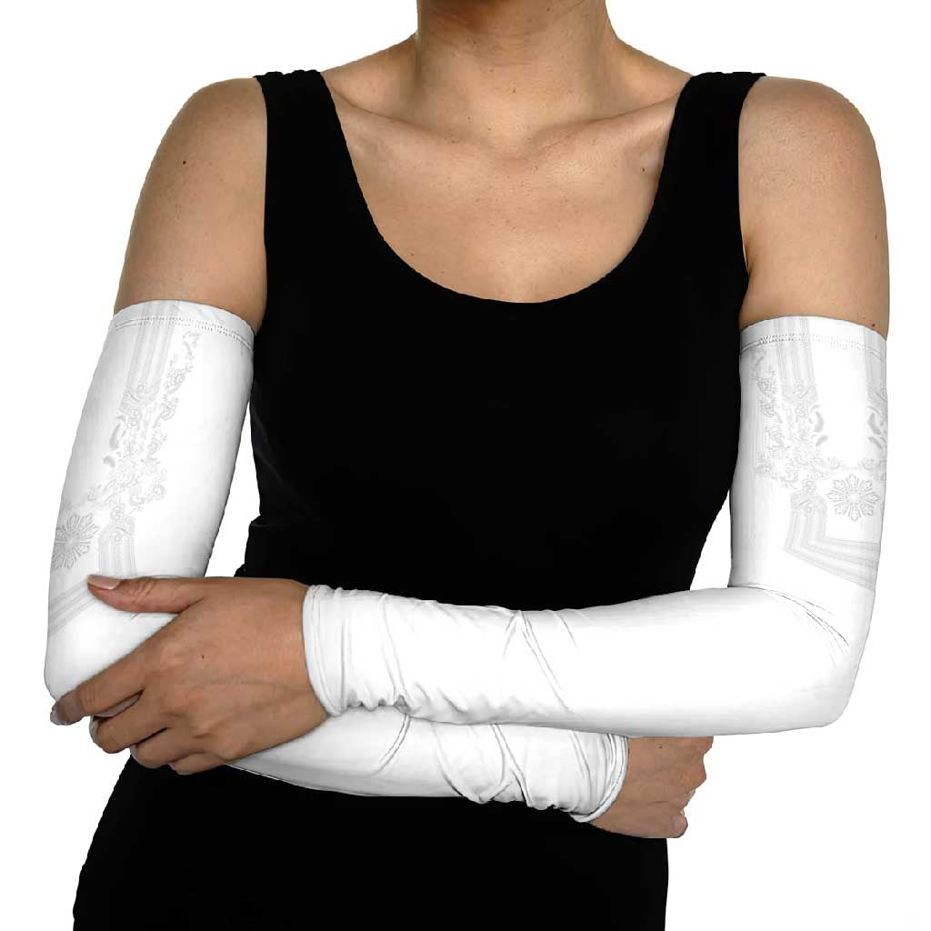 Philippines Barong Style Arm Sleeves with Polynesian Art and Leaf Motif White Color