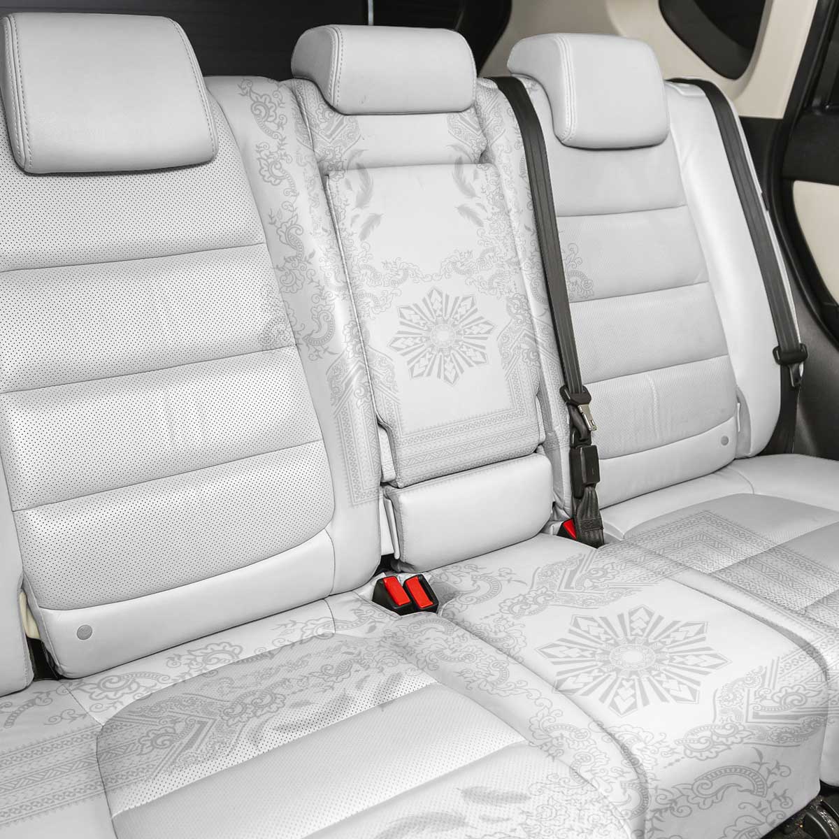 Philippines Barong Style Back Car Seat Cover with Polynesian Art and Leaf Motif White Color
