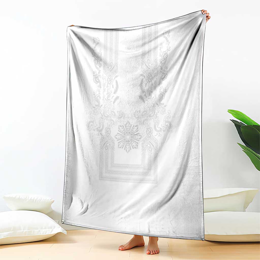 Philippines Barong Style Blanket with Polynesian Art and Leaf Motif White Color