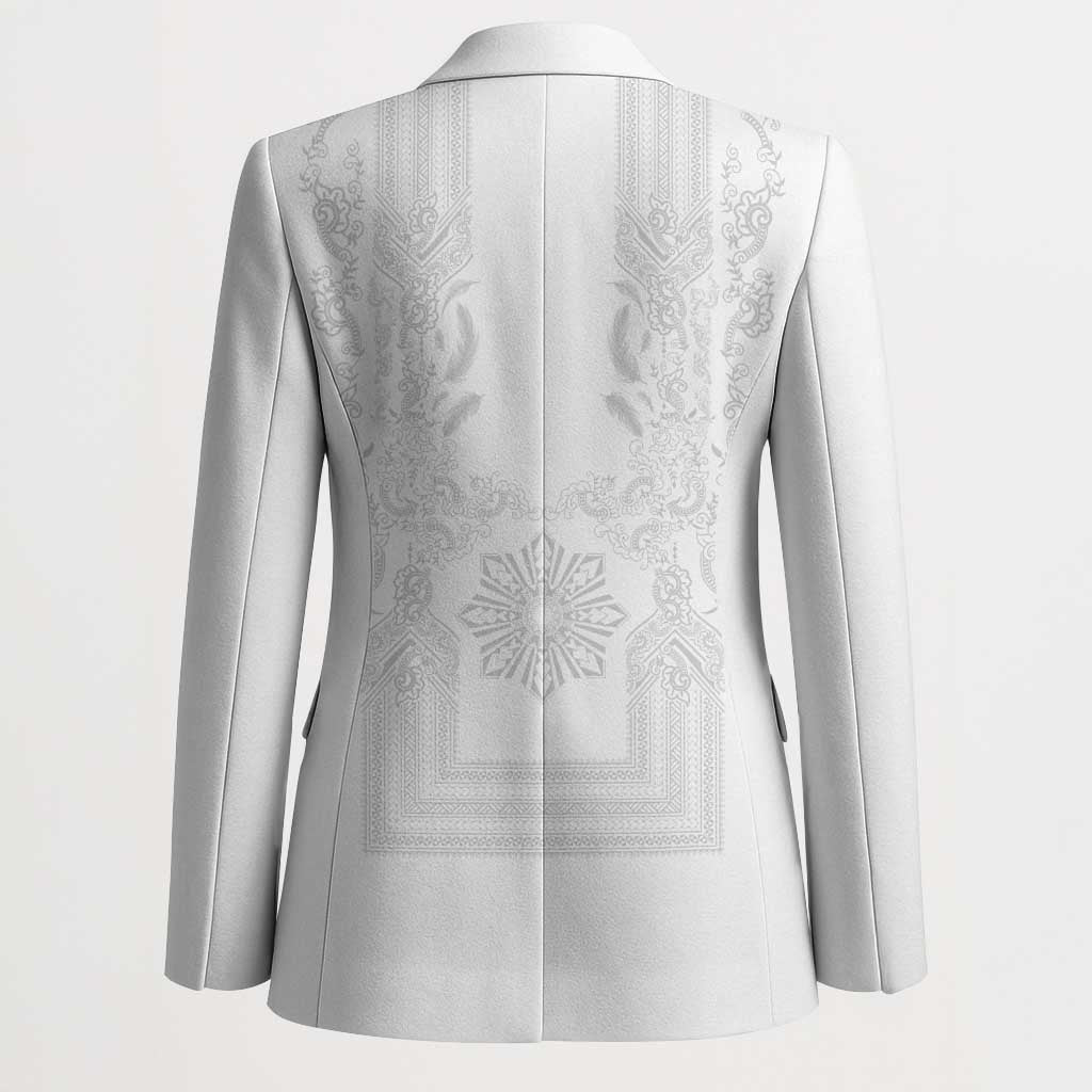 Philippines Barong Style Blazer with Polynesian Art and Leaf Motif White Color