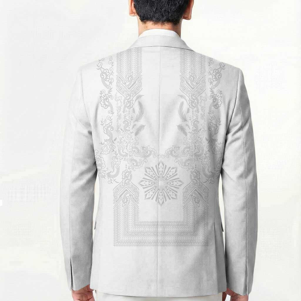 Philippines Barong Style Blazer with Polynesian Art and Leaf Motif White Color