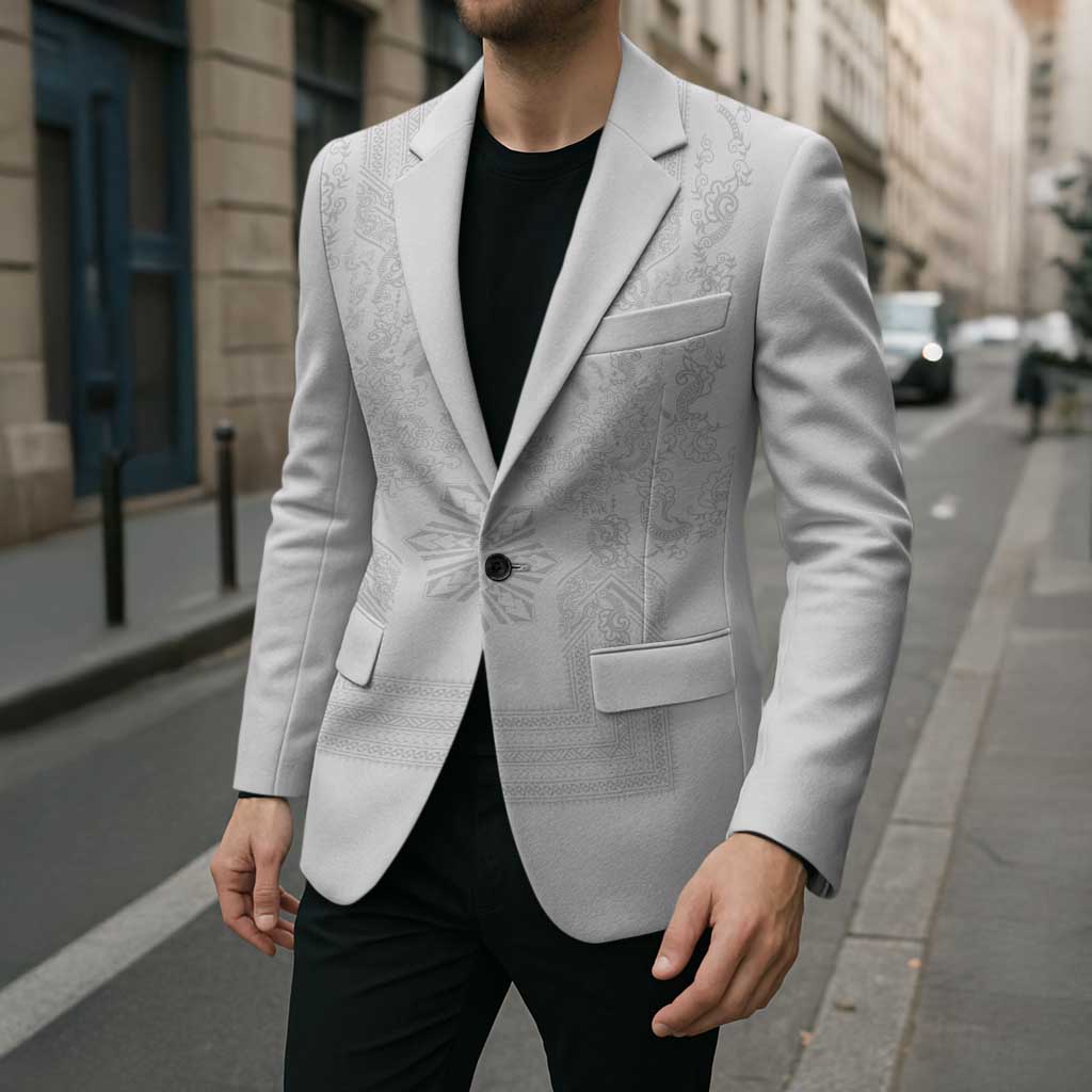 Philippines Barong Style Blazer with Polynesian Art and Leaf Motif White Color