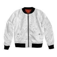 Philippines Barong Style Bomber Jacket with Polynesian Art and Leaf Motif White Color