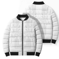 Philippines Barong Style Bomber Puffer Jacket with Polynesian Art and Leaf Motif White Color