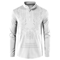 Philippines Barong Style Button Sweatshirt with Polynesian Art and Leaf Motif White Color