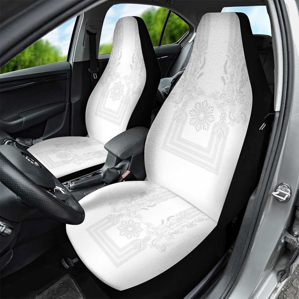 Philippines Barong Style Car Seat Cover with Polynesian Art and Leaf Motif White Color