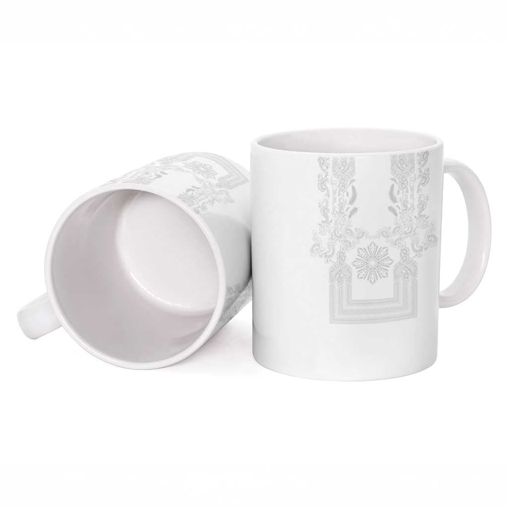 Philippines Barong Style Ceramic Mug with Polynesian Art and Leaf Motif White Color
