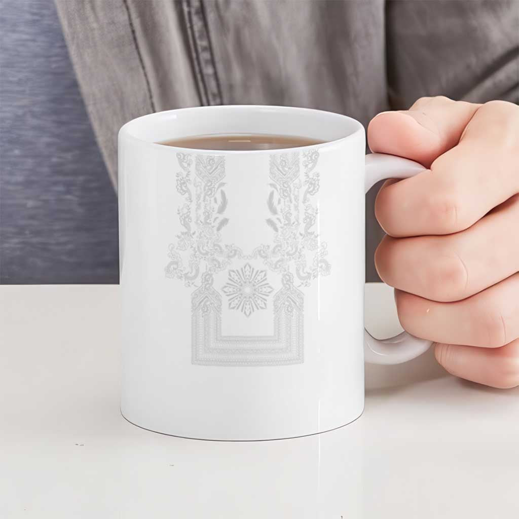 Philippines Barong Style Ceramic Mug with Polynesian Art and Leaf Motif White Color