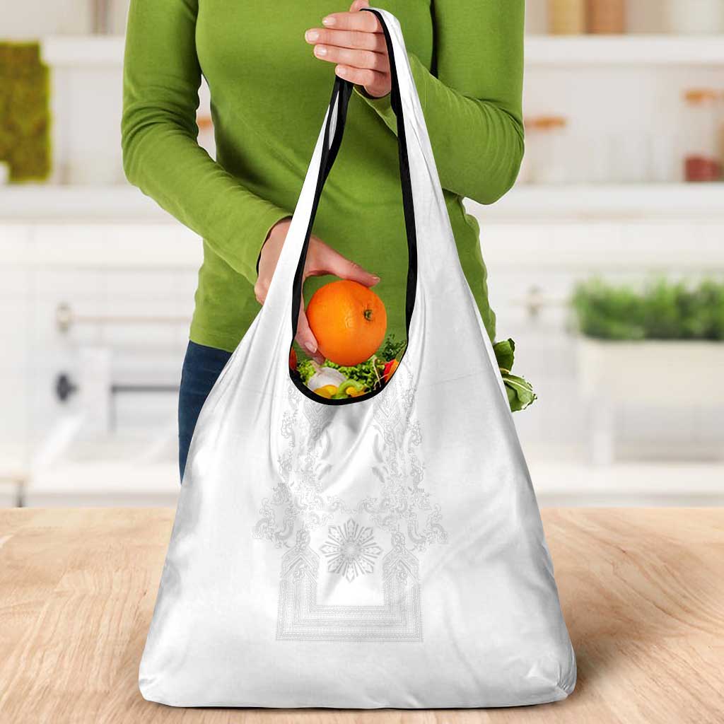 Philippines Barong Style Grocery Bag with Polynesian Art and Leaf Motif White Color