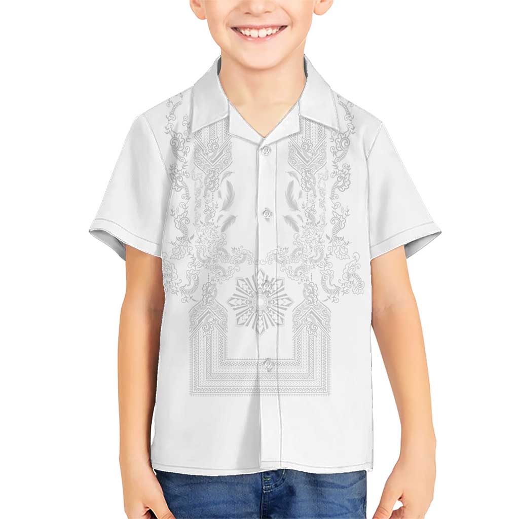 Philippines Barong Style Hawaiian Shirt with Polynesian Art and Leaf Motif White Color