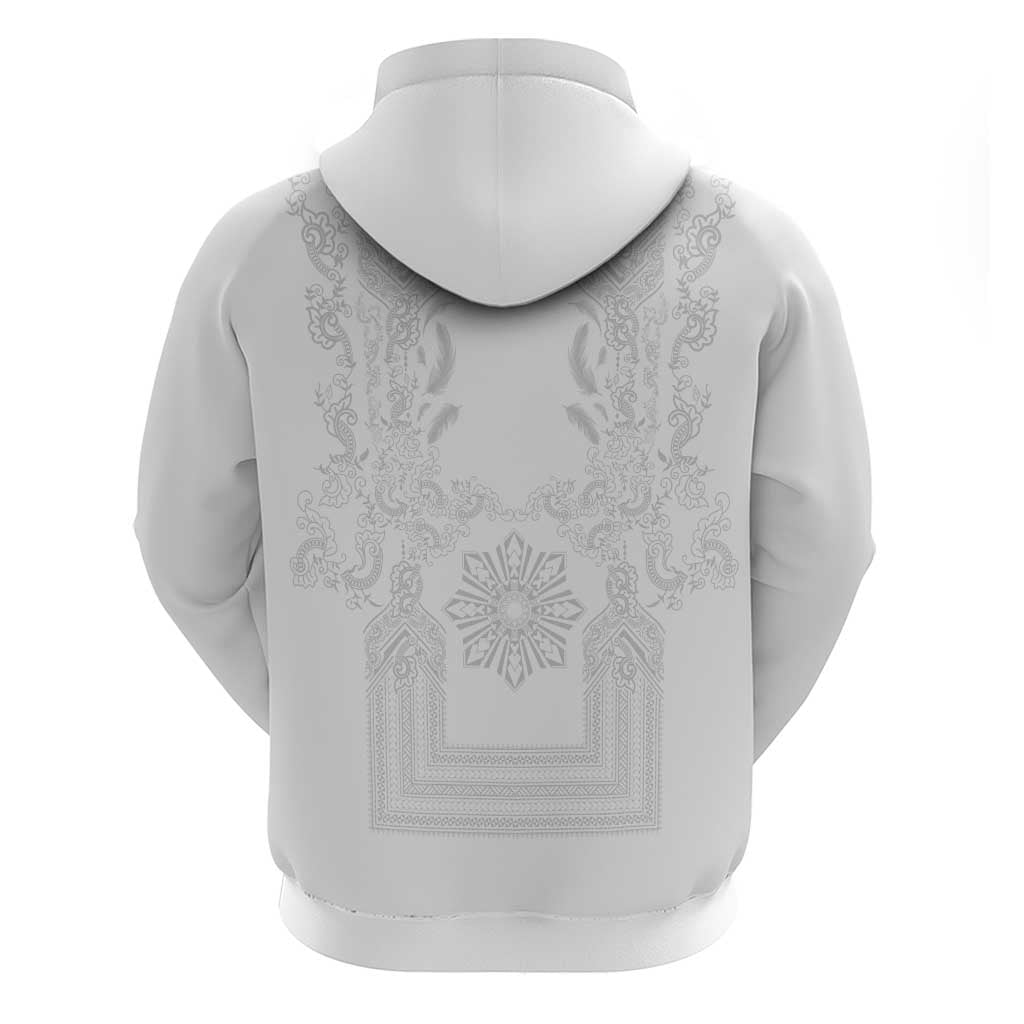 Philippines Barong Style Hoodie with Polynesian Art and Leaf Motif White Color