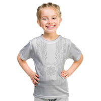 Philippines Barong Style Kid T Shirt with Polynesian Art and Leaf Motif White Color