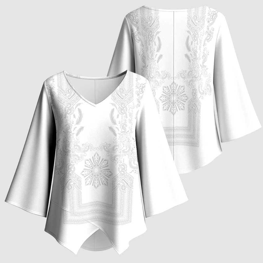 Philippines Barong Style Kimono Sleeve Blouse with Polynesian Art and Leaf Motif White Color