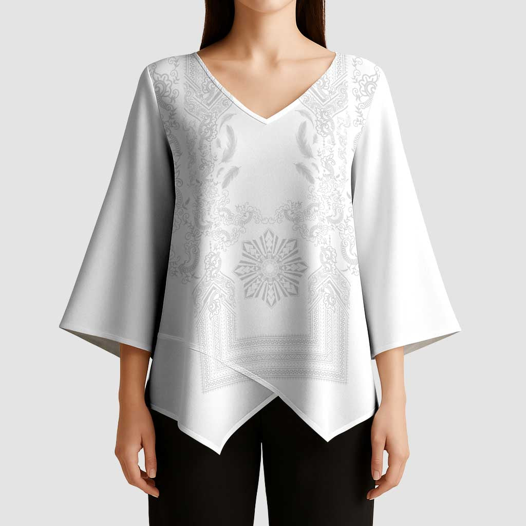 Philippines Barong Style Kimono Sleeve Blouse with Polynesian Art and Leaf Motif White Color