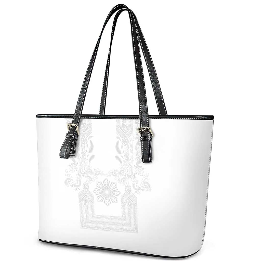 Philippines Barong Style Leather Tote Bag with Polynesian Art and Leaf Motif White Color