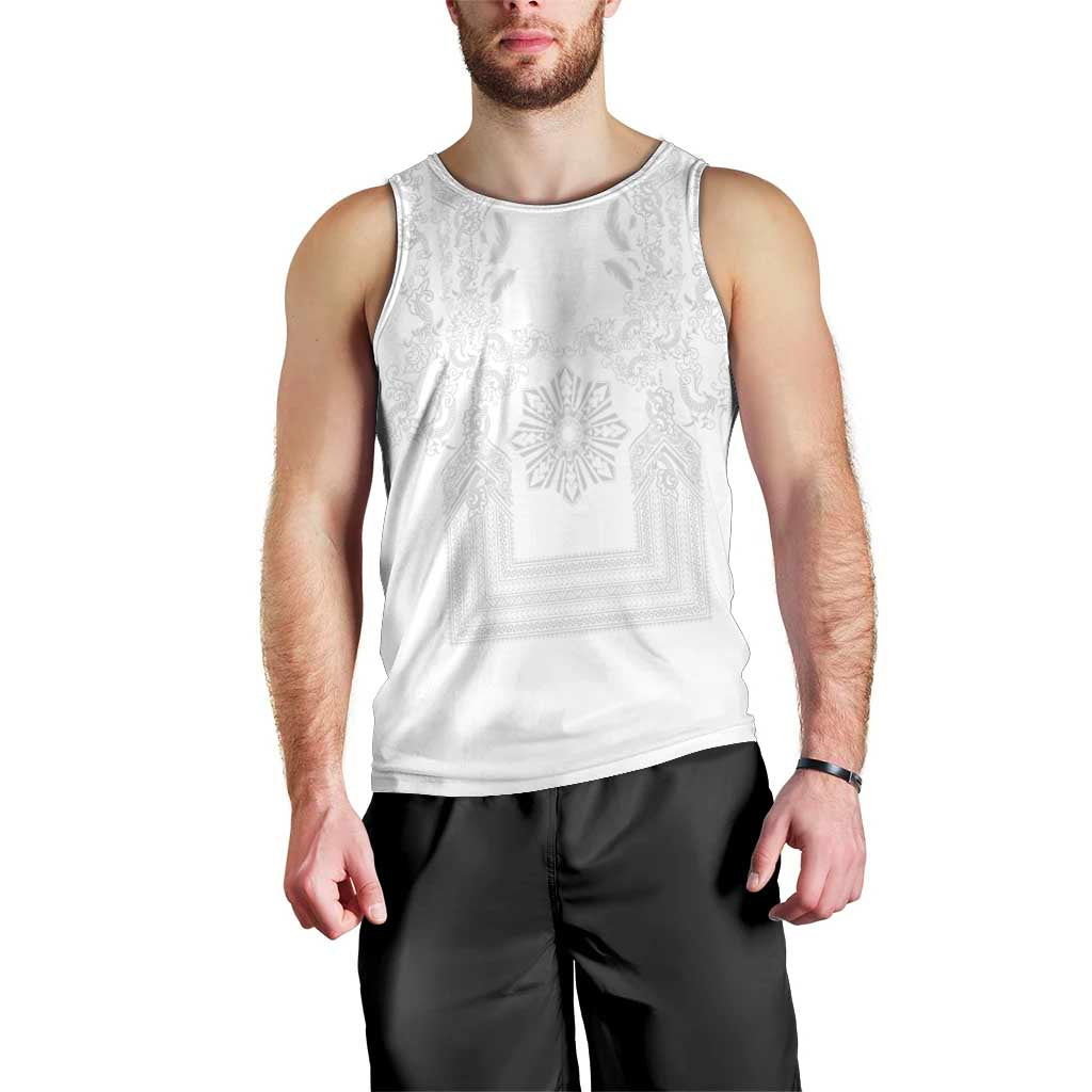 Philippines Barong Style Men Tank Top with Polynesian Art and Leaf Motif White Color