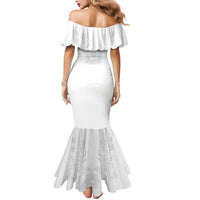 Philippines Barong Style Mermaid Dress with Polynesian Art and Leaf Motif White Color