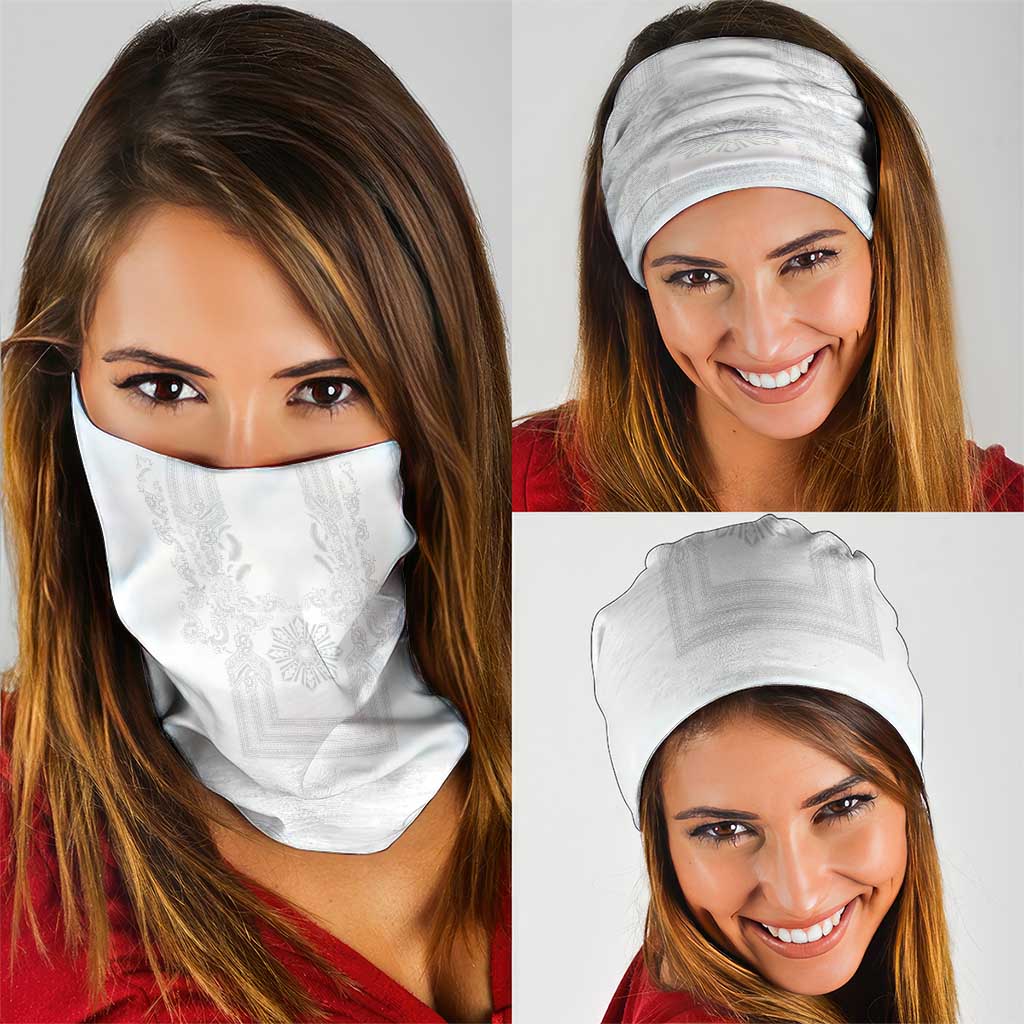 Philippines Barong Style Neck Gaiter with Polynesian Art and Leaf Motif White Color