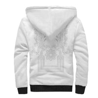Philippines Barong Style Sherpa Hoodie with Polynesian Art and Leaf Motif White Color