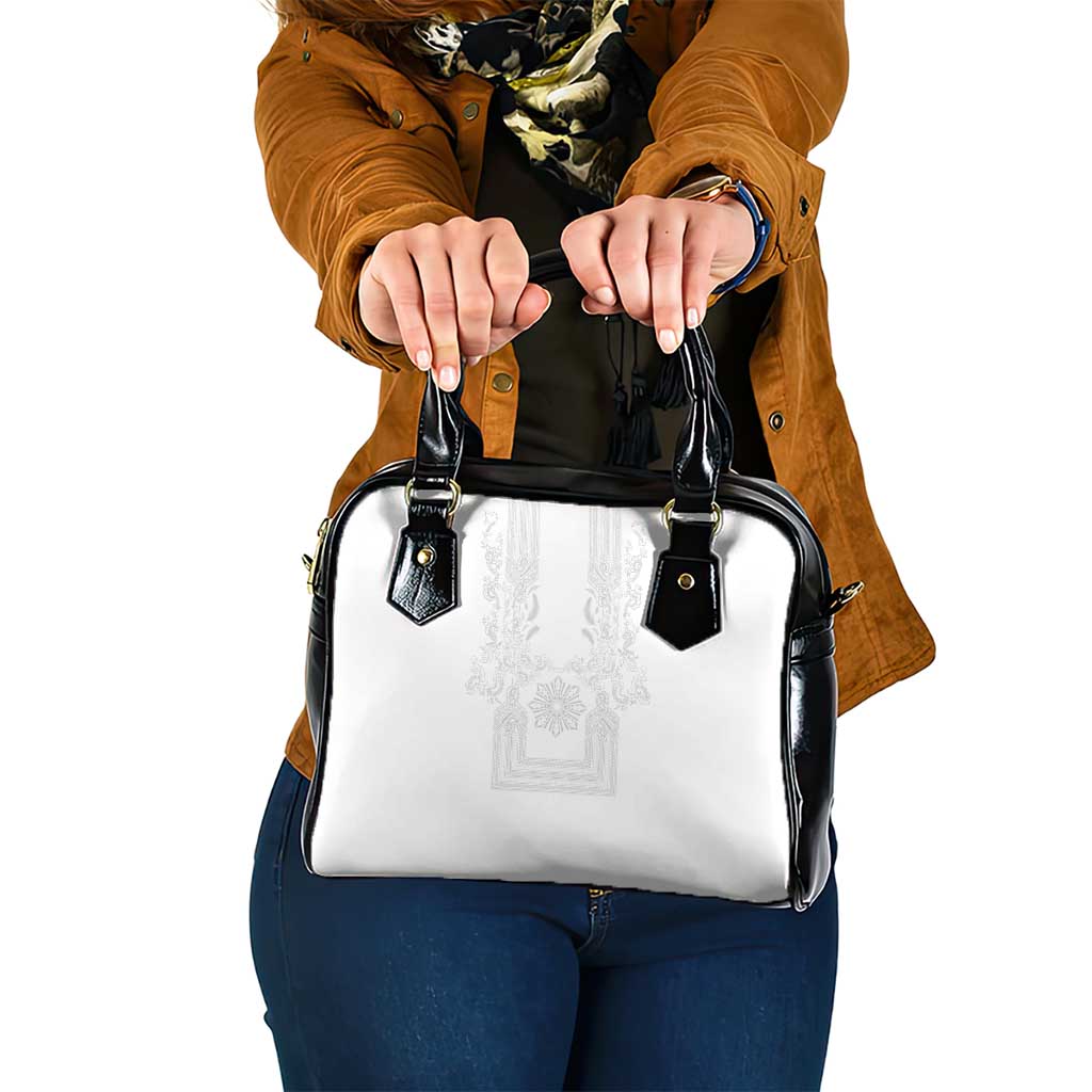 Philippines Barong Style Shoulder Handbag with Polynesian Art and Leaf Motif White Color