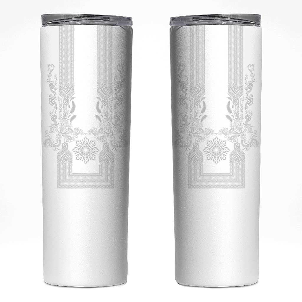 Philippines Barong Style Skinny Tumbler with Polynesian Art and Leaf Motif White Color