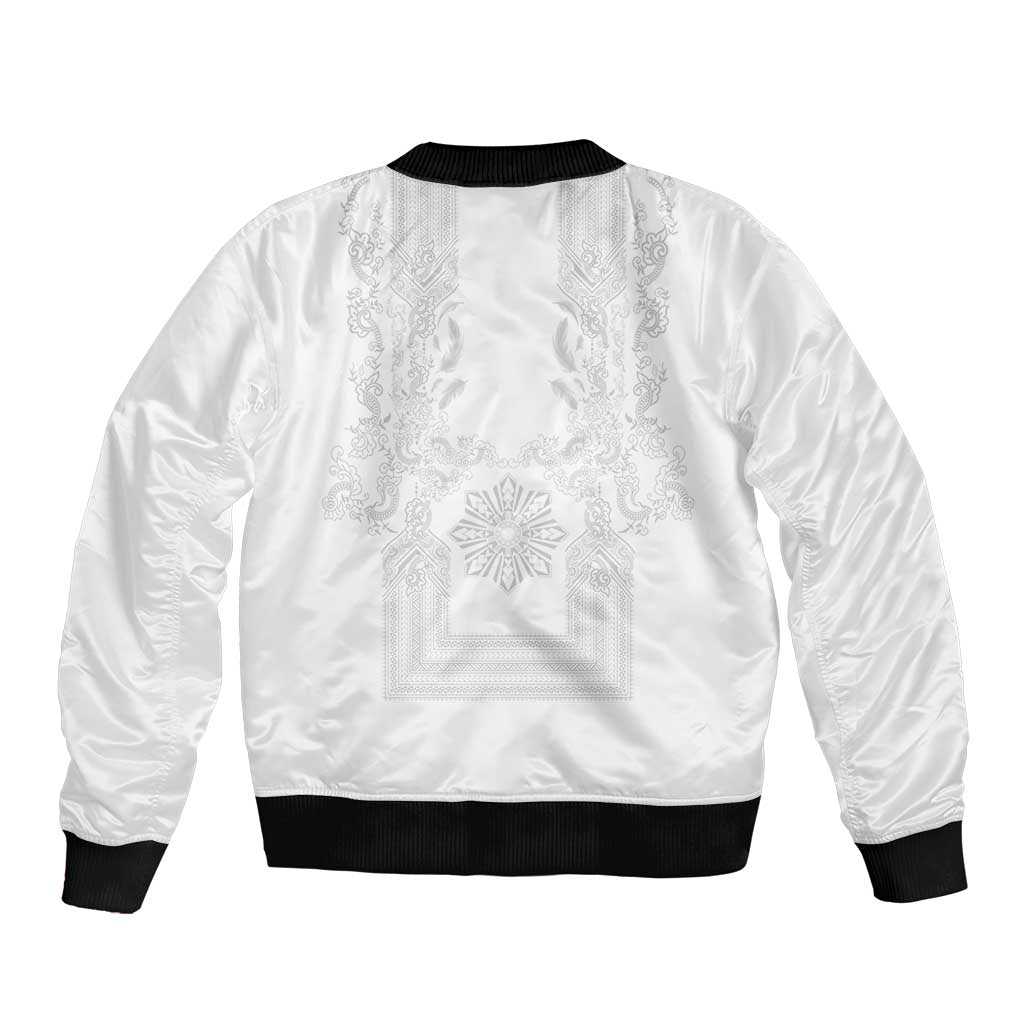 Philippines Barong Style Sleeve Zip Bomber Jacket with Polynesian Art and Leaf Motif White Color