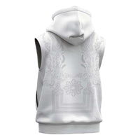Philippines Barong Style Sleeveless Zip Hoodie with Polynesian Art and Leaf Motif White Color