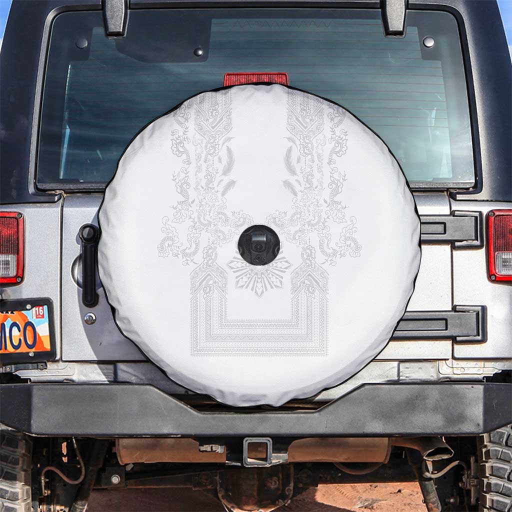Philippines Barong Style Spare Tire Cover with Polynesian Art and Leaf Motif White Color