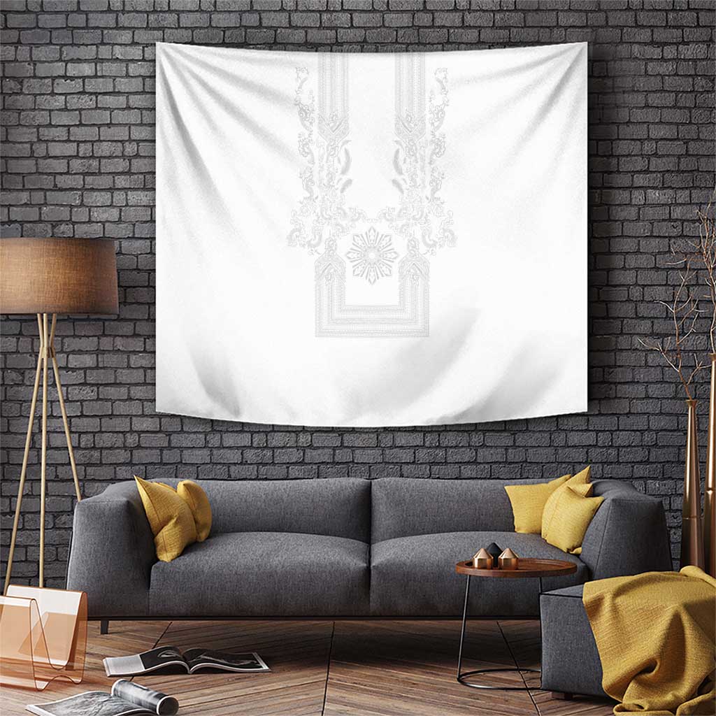 Philippines Barong Style Tapestry with Polynesian Art and Leaf Motif White Color