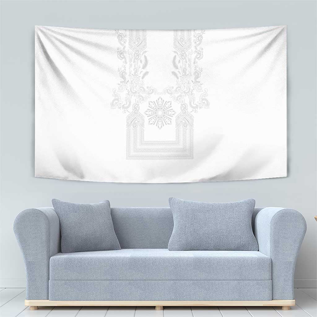 Philippines Barong Style Tapestry with Polynesian Art and Leaf Motif White Color