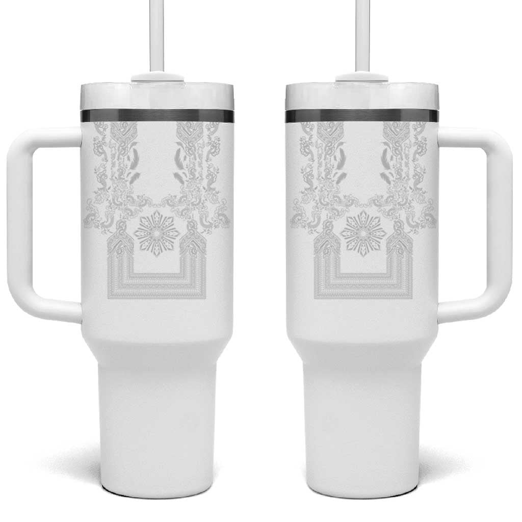 Philippines Barong Style Tumbler With Handle with Polynesian Art and Leaf Motif White Color