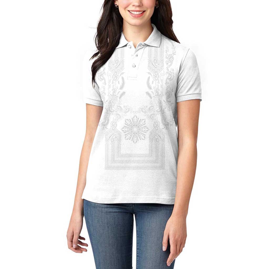Philippines Barong Style Women Polo Shirt with Polynesian Art and Leaf Motif White Color