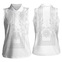 Philippines Barong Style Women Sleeveless Polo Shirt with Polynesian Art and Leaf Motif White Color