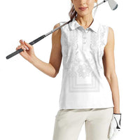 Philippines Barong Style Women Sleeveless Polo Shirt with Polynesian Art and Leaf Motif White Color