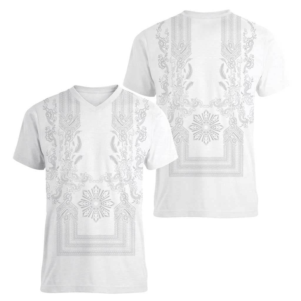 Philippines Barong Style Women V-Neck T-Shirt with Polynesian Art and Leaf Motif White Color