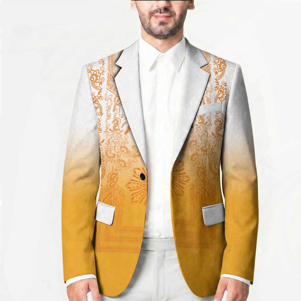 Philippines Barong Style Blazer with Polynesian Art and Leaf Motif Yellow Color
