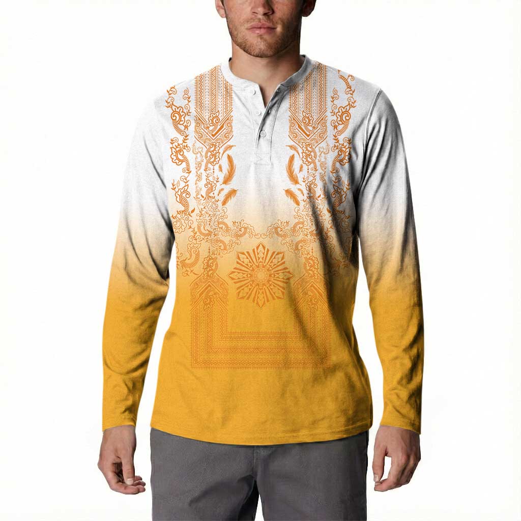 Philippines Barong Style Button Sweatshirt with Polynesian Art and Leaf Motif Yellow Color