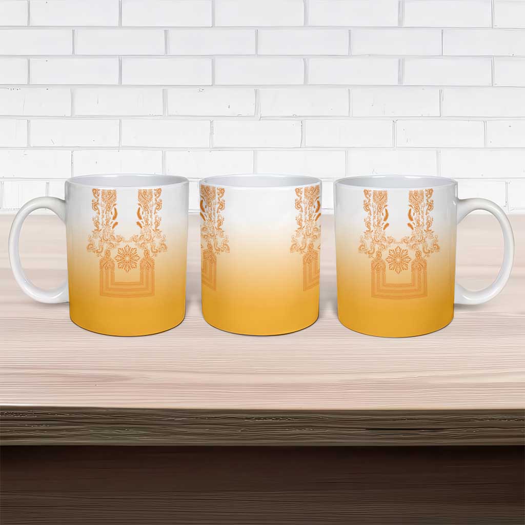 Philippines Barong Style Ceramic Mug with Polynesian Art and Leaf Motif Yellow Color