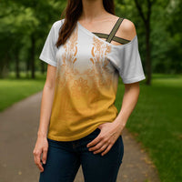 Philippines Barong Style Cross Shoulder Shirt with Polynesian Art and Leaf Motif Yellow Color