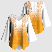 Philippines Barong Style Kimono Sleeve Blouse with Polynesian Art and Leaf Motif Yellow Color