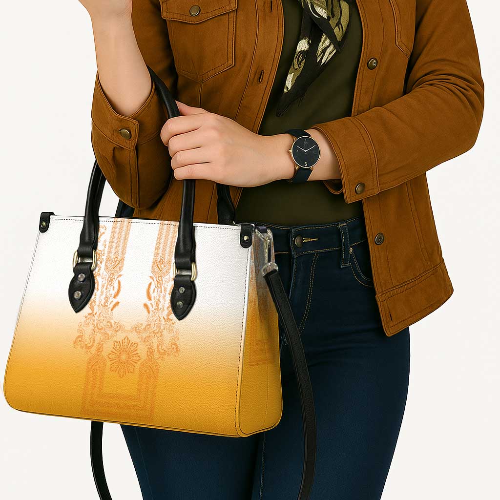 Philippines Barong Style Leather Bag with Polynesian Art and Leaf Motif Yellow Color
