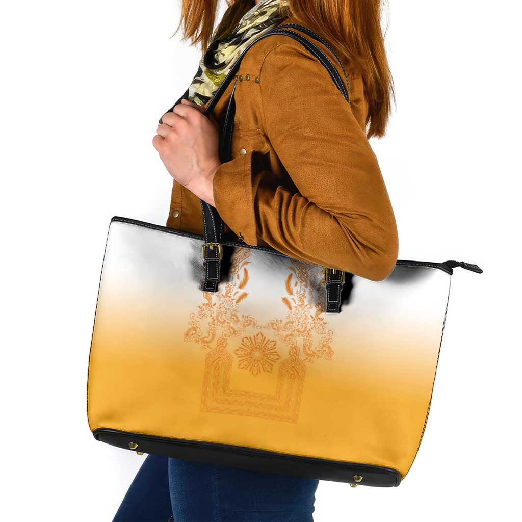 Philippines Barong Style Leather Tote Bag with Polynesian Art and Leaf Motif Yellow Color