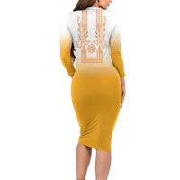 Philippines Barong Style Long Sleeve Bodycon Dress with Polynesian Art and Leaf Motif Yellow Color